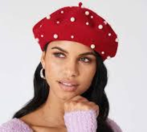 Women\'s Classic French Wool Beret Pearl & Rhinestone Embellishment Hat Red LADYBRO French Beret Hats for Women Wool Knit Caps Woman  main image 3