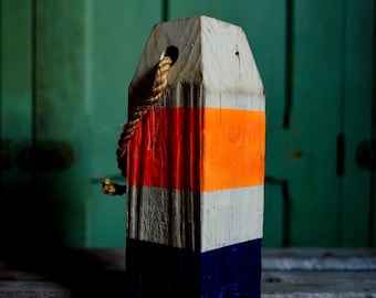 Hand-Crafted Vintage Wooden Buoy / A Coastal Classic, Reimagined / Blue&Orange-striped 12"