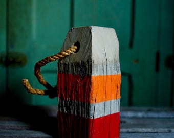 Hand-Crafted Vintage Wooden Buoy / A Coastal Classic, Reimagined / Neon Orange and Red, 9”x4”x4”