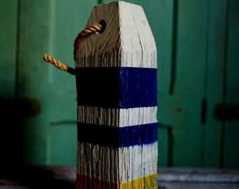 Hand-Crafted Vintage Wooden Buoy / A Coastal Classic, Reimagined / Blue&Yellow-striped 12"