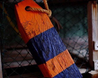 Hand-Crafted Vintage Wooden Buoy / Striped Coastal Classic / Orange and Navy 12"