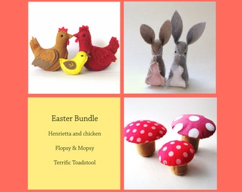 DIY Easter Bundle 3 pdf patterns - Henrietta Hen, Flopsy & Mopsy and The Terrific Toadstool --INSTANT DOWNLOAD--