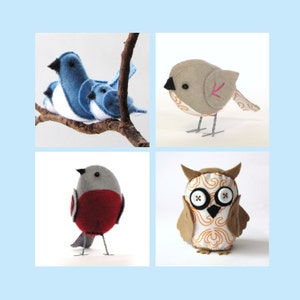 Peut inclure: Quatre figurines d'animaux en feutre : un oiseau bleu avec un plus petit oiseau bleu sur le dos, un oiseau brun avec un bec rose, un oiseau rouge et gris et un hibou brun et blanc avec des volutes orange.