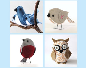 The "Feathered Friends" set of 4 D.I.Y. PDF patterns - sparrow, owl, bluebirds and robin --INSTANT download--