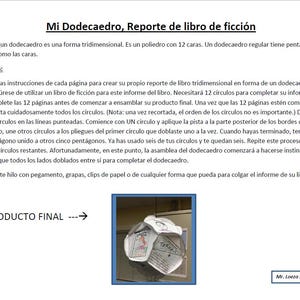 May include: A white dodecahedron, a 12-sided geometric shape, made from paper. The dodecahedron is folded and assembled from a book, with the title "Tesoro" visible on one of the faces. The image is labeled "PRODUCTO FINAL" and "Mr. Loeza 2018".