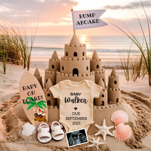 Summer Pregnancy Announcement Cute Ocean Baby Announcement Idea Beach Baby Reveal with Shells & Sand Castle Social Media Template