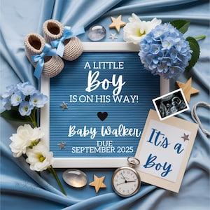 Anuncio de embarazo de niño, anuncio de bebé minimalista digital, es un niño, tablero de letras azules, revelación de embarazo, revelación del bebé número 2