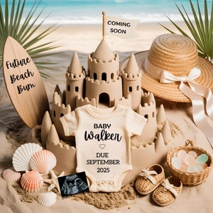 Sommer Schwangerschaft Ankündigung Digitale Strand Sand Burg Baby Ankündigung Strand Schwangerschaft offenbaren Ideen Sofortiger Download Muscheln Thema
