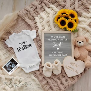 Zonnebloem zwangerschap aankondiging digitale sjabloon bewerkbare bloemen baby aankondiging genderneutraal sociale media onthullen modern zwangerschap idee
