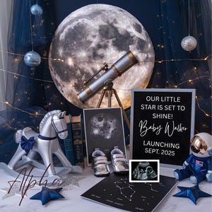 May include: A baby shower announcement with a space theme. The announcement says "Our little star is set to shine! Baby Walker Launching Sept. 2025". There is a silver rocking horse, a telescope, a silver moon, and a baby astronaut figurine.