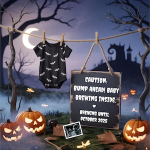 Pregnancy Announcement Halloween Digital Template Editable Gothic Baby Reveal October Baby Announcement for Social Media Pumpkin Spooky