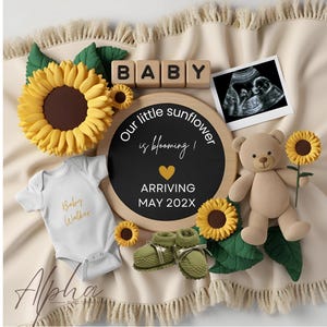 Zonnebloem zwangerschap aankondiging digitaal, Boho Baby Reveal, bewerkbare genderneutrale sjabloon, mei baby vervaldatum