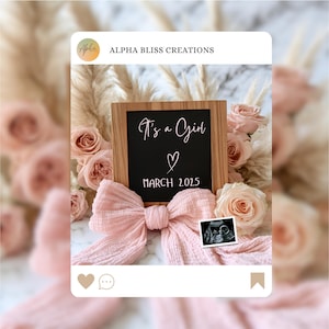 May include: A wooden framed chalkboard with the text "It's a Girl" and a heart symbol. The date "March 2025" is written below the text. The chalkboard is surrounded by pink flowers and a pink bow. An ultrasound image is visible in the bottom right corner.
