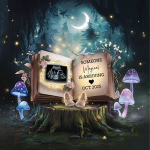Simple Mushroom Pregnancy Announcement Neutral Digital Canva Template Fairy Woodland Forest Baby Announcement Reveal Magical Announce