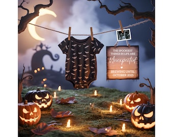 May include: A black baby bodysuit with a white bat pattern hanging on a clothesline next to a wooden sign that reads THE SPOOKIEST THINGS IN LIFE ARE Unexpected BREWING UNTIL OCTOBER 2025 with a small ultrasound image clipped above it.
