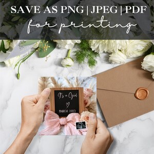 May include: A chalkboard sign with the text "It's a Girl" and a heart symbol, with the date "March 2025" written below. The sign is surrounded by a pink bow and white flowers.
