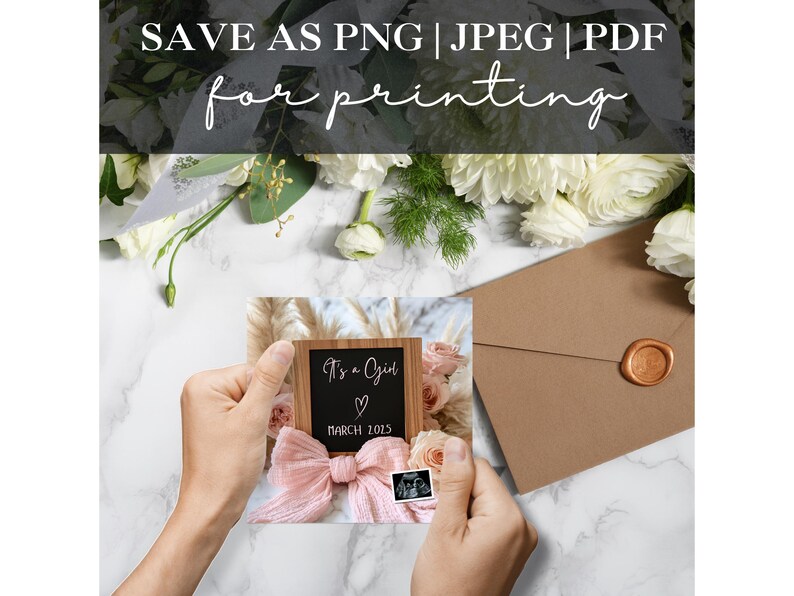 May include: A chalkboard sign with the text "It's a Girl" and a heart symbol, with the date "March 2025" written below. The sign is surrounded by a pink bow and white flowers.