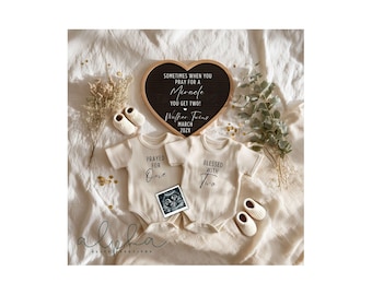 Puede incluir: Un anuncio conmovedor con dos bodies de bebé color crema, cada uno con texto. Uno dice "Prayed for One", el otro "Blessed with Two". Un letrero en forma de corazón dice "Sometimes when you pray for a Miracle you get two!" y "Walker Twins March 202X."