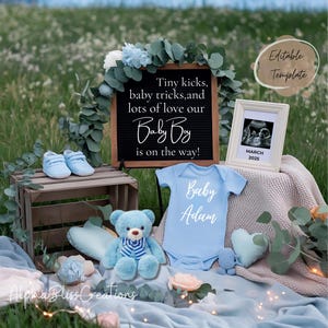 Boy Pregnancy Announcement Digital Baby Announcement Boy Blue Gender Reveal Social Media Editable Template Blue Teddy Bear