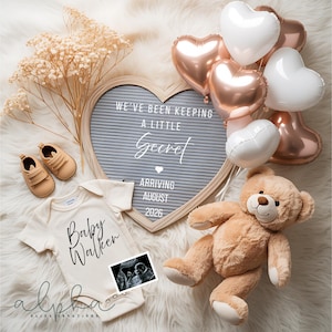 Simple Digital Pregnancy Announcement Gender Neutral Heart Baby Announcement Balloon Modern Editable Social Media Baby Reveal Template