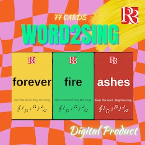 Może przedstawiać: Obraz produktu cyfrowego z trzema kartami z napisami "forever", "fire" i "ashes". Karty są żółte, zielone i czerwone, z nutami. Tekst "WORD2SING" jest w dużych, jasnozielonych literach, z napisem "77 KART" powyżej.