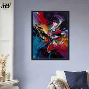 May include: Abstract art print in a black frame. The artwork features a vibrant explosion of colours, including red, blue, yellow, and purple, with dynamic brushstrokes and a sense of movement. The painting is a modern piece.