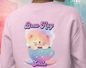 Sudadera Kawaii de osito acogedor: Sudadera con taza de café en tonos pastel.