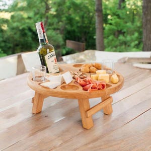 Portable Oak Wine Table, Foldable Picnic Wine Caddy with Glass Holders, Patio & Ottoman Tray, Outdoor Entertaining Wine Lover Sommelier gift