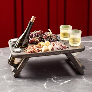 Portable Wine Table, Patio Furniture, Picnic Wine Table, Wine Caddy, Sommelier Gift, Foldable Tray with Glass Holders
