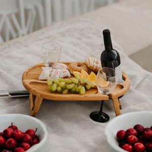 Oval Oak Wine Table – Portable Folding Picnic Wine Table with Wine Glass Holders, Patio Furniture, Wine Caddy for Outdoor Entertaining