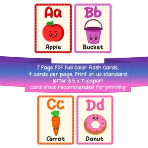 Alphabet farbige, 7 Seiten PDF, 4 Lernkarten pro Seite. Druck auf US-Standardbriefpapierpapier, das für den Druck empfohlen wird