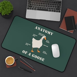 May include: A green mouse mat featuring a white goose illustration with the text "Anatomy of a Goose". The goose has labels for its body parts, including "Wings of Doom", "Menacing Rump", "Shenanigan Scanners", "Knife Holder", "Honk Box", and "Chaos Flippers".