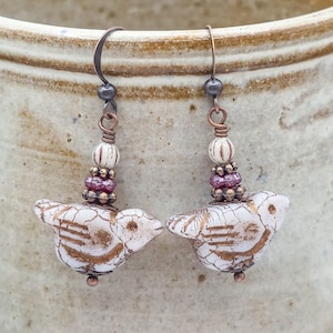 Czech Glass Bird and Copper Drop Earrings, Bird Earrings, Czech Bead Earrings, Bird Drop Earrings, Copper Earrings, Copper Dangle Gift