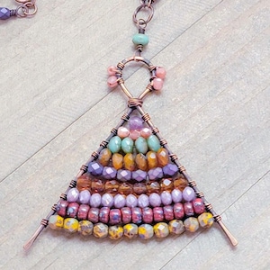 Copper Beaded Wire Wrapped Necklace OOAK, Czech Bead Triangle Copper Hand Forged Necklace, Earthy Jewelry, Artisan Statement Necklace, Gift