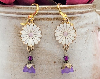 Purple Dangle Earrings, Flower Earrings, Vintage Style Enamel Daisy Earrings, Purple Flower Earrings, Acrylic Lucite Earrings, Gift