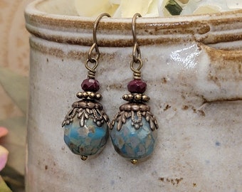 Rustic Boho Turquoise Czech Dangle Earrings, Picasso Czech Bead Drops, Boho Bohemian Gift for Her, Handmade Earrings, Best Gifts for Women