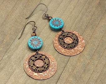 Rustic Copper Dangle Earrings, Copper Disc and Czech Bead Drop Earrings, Czech Bead Earrings, Statement Earrings, Rustic Earrings,