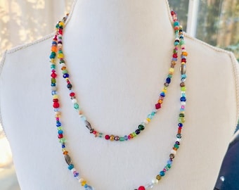 Boho Gemstone Bead Necklace - Multicolor Glass & Wood, 27 Inch