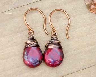 Red Picasso Czech Glass Copper Wire Wrapped Earrings, Rustic Earrings, Red Earrings, Wire Wrap Copper Earrings, Antiqued Copper Earrings