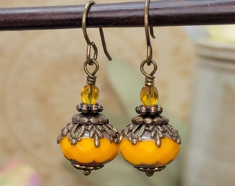 Orange Czech Glass Rondelle Earrings with Antiqued Brass, Orange Pumpkin Earrings, Brass Vintage Style Dangle Earrings, Gift for Her
