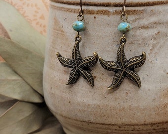 Starfish Drop Earrings, Starfish Jewelry, Boho Earrings, Beachy Earrings, Beach Lovers Jewelry, Sea Ocean Starfish Gift Czech Glass Beaded