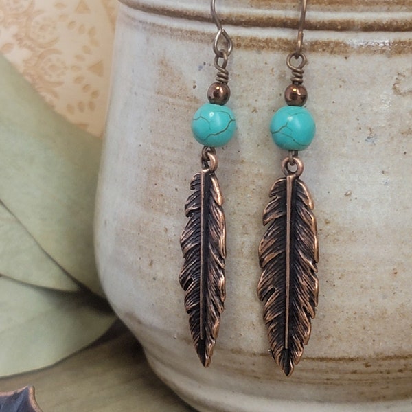 Copper Leaf and Turquoise Stone Earthy Rustic Earrings, Long Copper Leaf Earrings, Turquoise Earrings, Boho Earrings, Bohemian, Gypsy, Gift