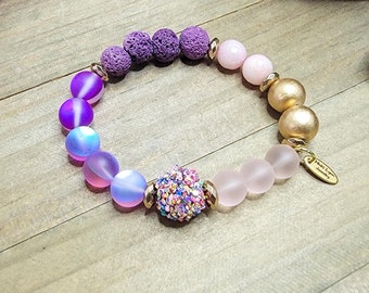 Chunky Mixed Beaded Statement Bracelet ,Stretch Bracelet, Pink Purple Mixed Media Bracelet, Layering Jewelry, Chunky Statement Piece, Gift