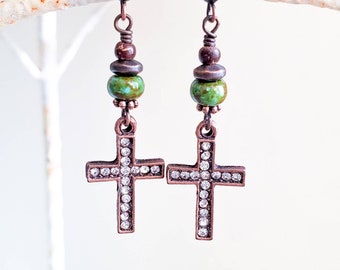 Copper Earrings, Green Earrings, Rhinestone Cross Earrings, Christian Jewelry, Religious Earrings, Copper Earrings, Boho Earrings
