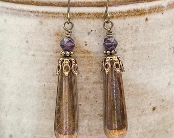Boho Bronze Drop Earrings, Vintage Style Dangles with Czech Glass Bead Jewelry for Women, Gift