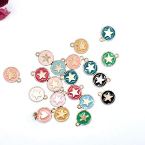 Star Enamel Charms, Gold Charms, DIY Craft Charms, DIY Jewelry Making Charms, Enameled Round Pendants, Necklace Charms, Round Star Pendants