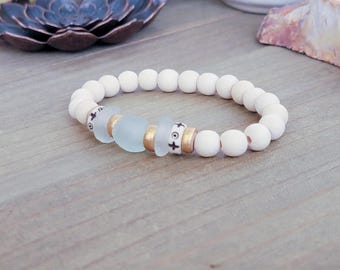 Wood Bracelet, Chunky Statement Wood Bead Bracelet-Gold, Cream, Aqua Stacker, Boho Stretch Bracelet, Layering Beachy Arm Jewelry, Gift