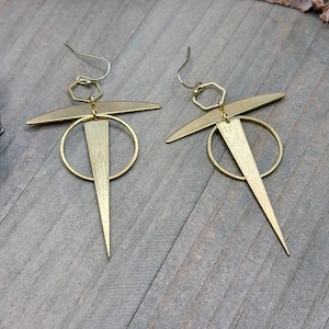 Gold Earrings, Art Deco Brass Statement Earrings, Statement Earrings, Modern Geometric Gold Brass Textured Metal Large Earrings, Boho Mod