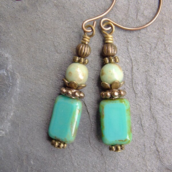 Turquoise Earrings, Czech Beaded Earrings, Mint Green Earrings, Antique Brass, Bohemian Boho Jewelry