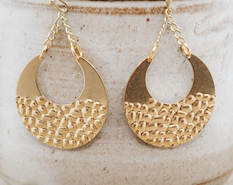 Gold Earrings, Textured Gold Crescent Earrings, Hoop Earrings, Boho Earrings, Brass Textured Crescent Earrings Lightweight Bohemian Earrings